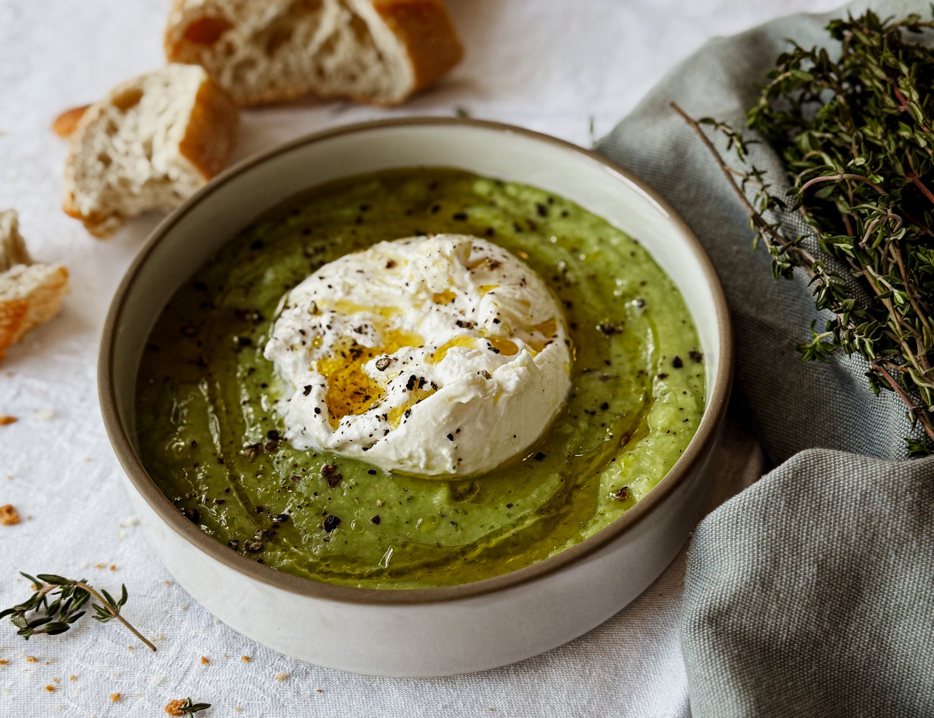 Burrata on avocado cucumber cream